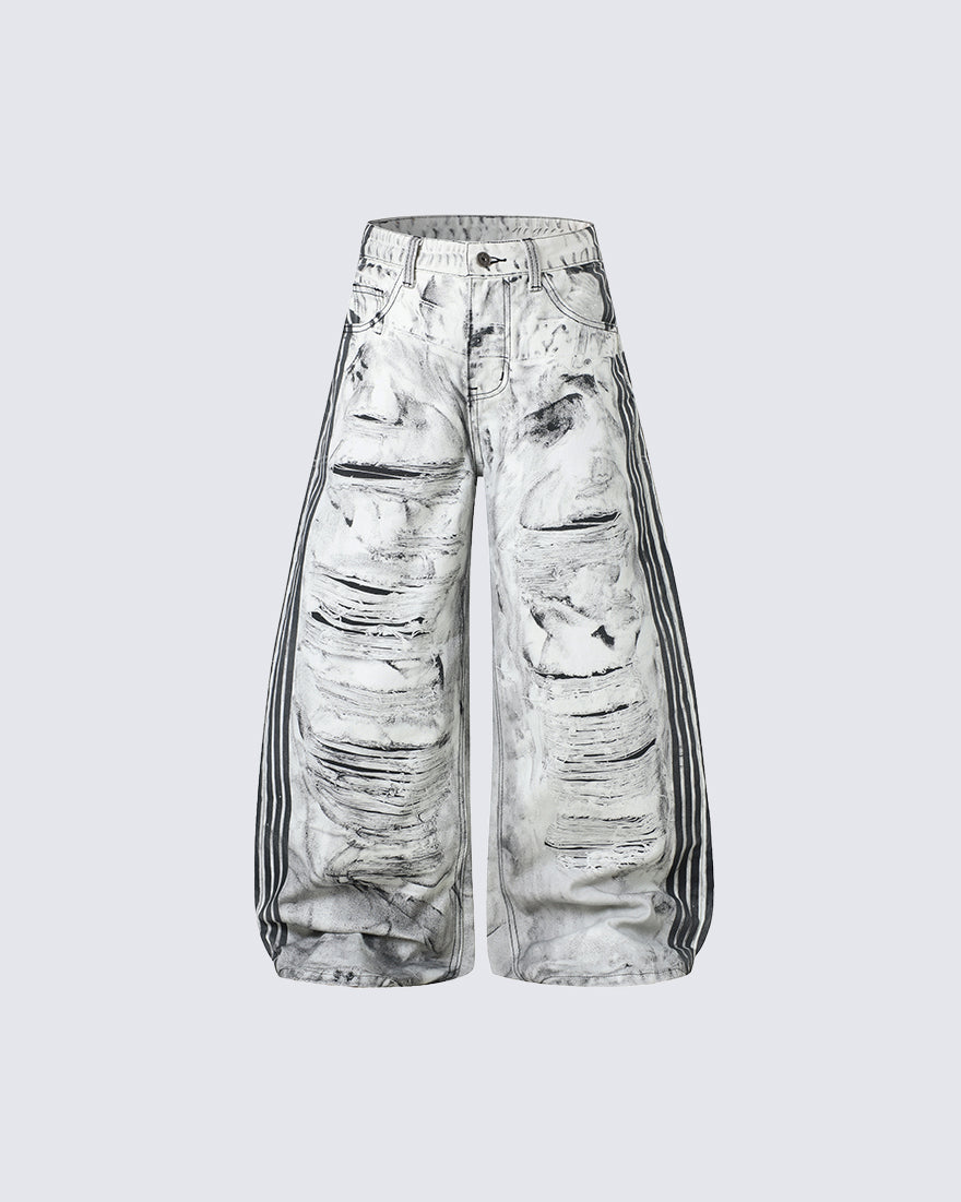 Wasteland Distressed Wide Leg Striped Denim Pants