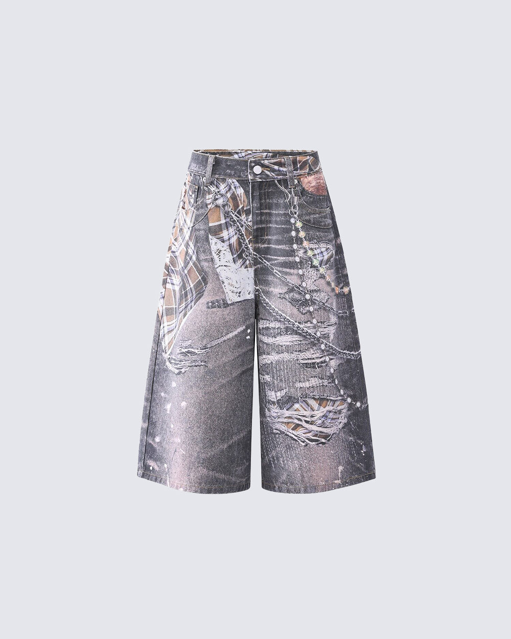 Wasteland Plaid Chain Print Wide Denim Shorts