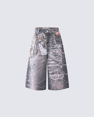 Wasteland Plaid Chain Print Wide Denim Shorts