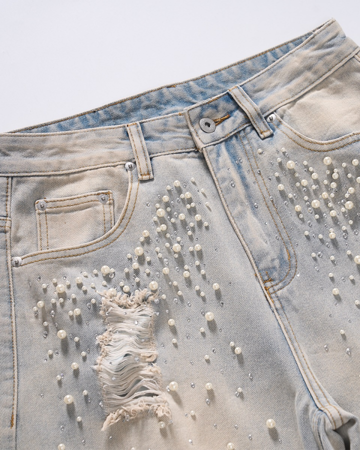 Pearl Rhinestone Ripped Barrel Washed Denim Pants