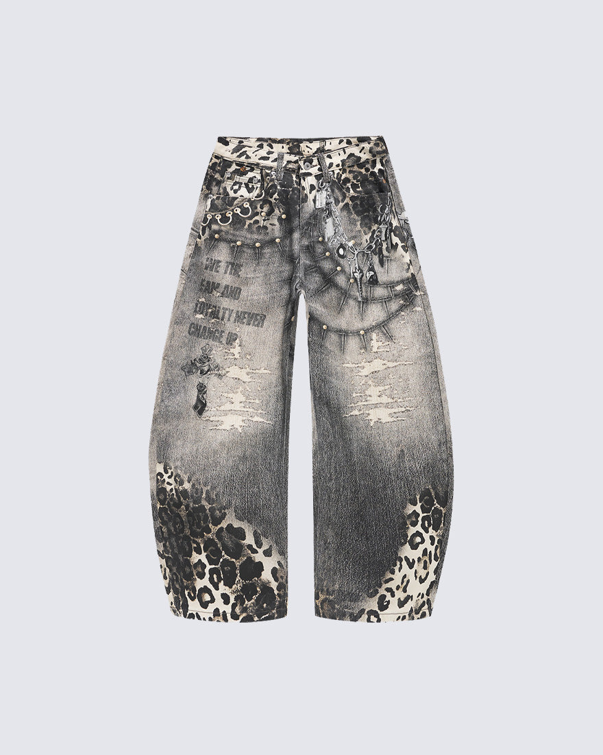 Leopard Print Spiked Graphic Barrel Denim Pants