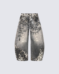Leopard Print Spiked Graphic Barrel Denim Pants