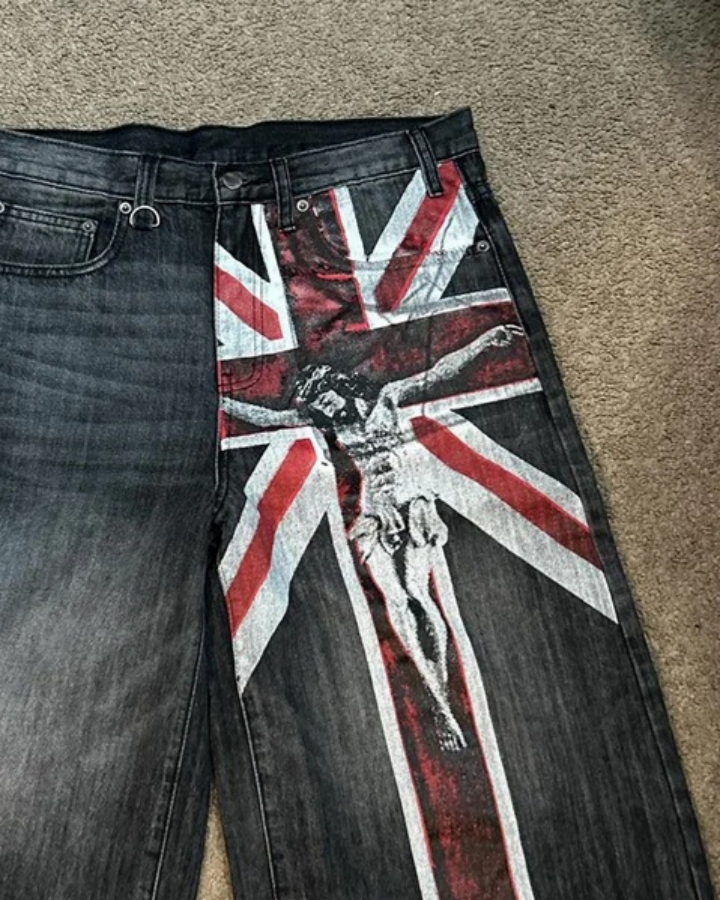 American-Style Distressed Streetwear Design With Cross Print Shorts