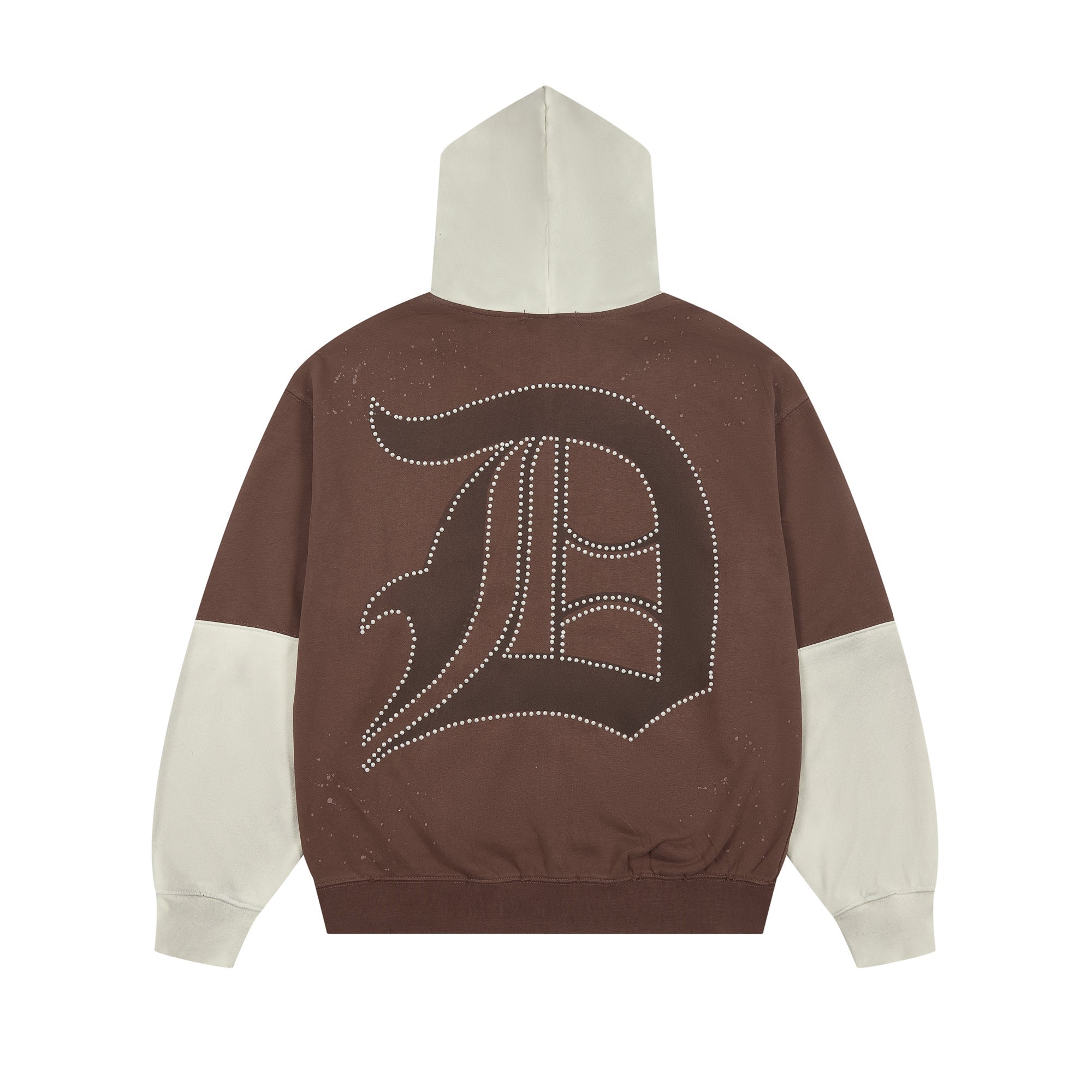 DUAA Two‑Tone Patchwork Distressed Gothic Logo Zip‑Up Hoodie