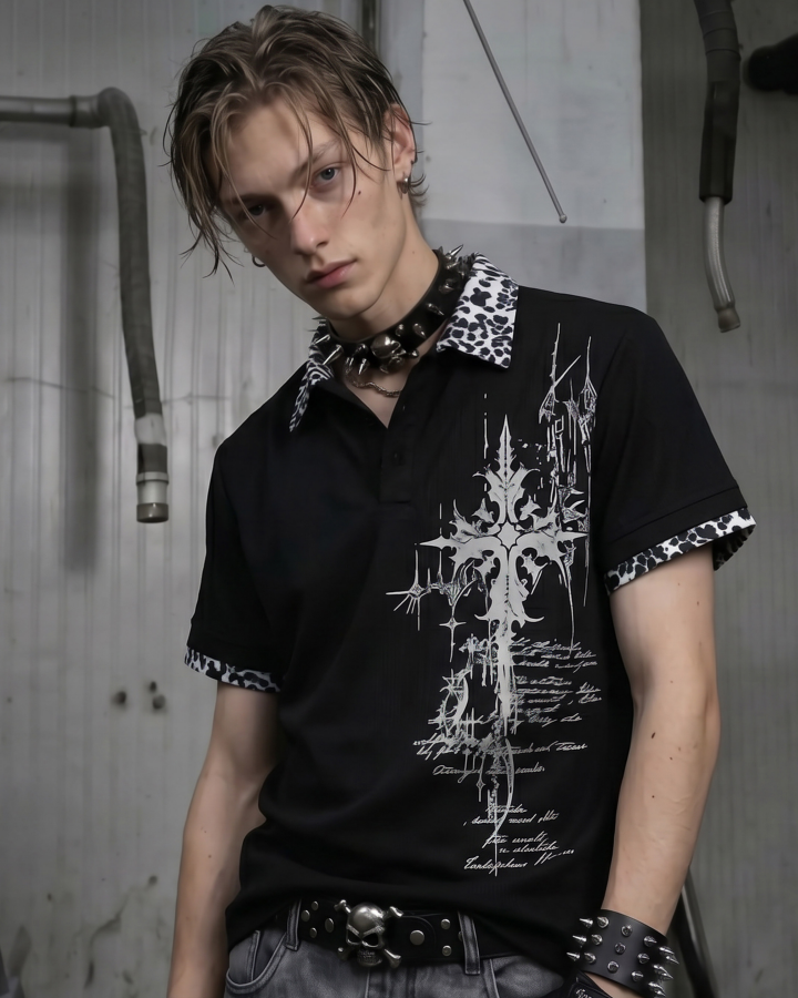 Graphic Print Leopard Collar Polo