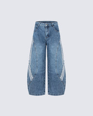 Striped Panel Washed Denim Pants