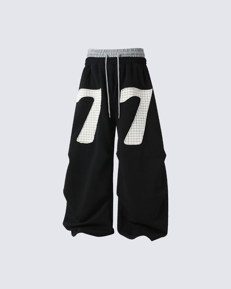 Double Waistband Number Patch Wide Leg Sweatpants